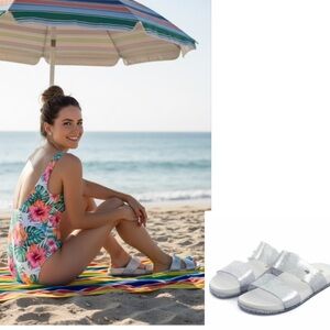 Melissa Cosmic Women clear glitter silver double strap slides slip on shoes sz 6